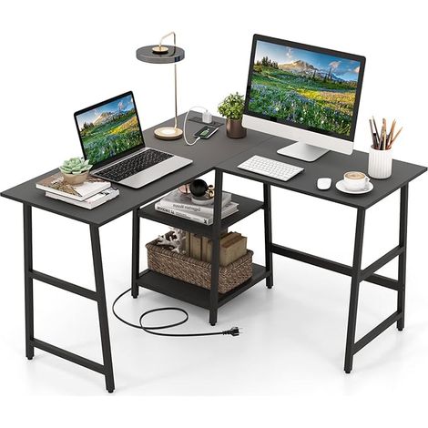 COSTWAY Scrivania Angolare da 120 CM, Scrivania a L per Ufficio a Casa con Prese di Corrente e Porte USB, Postazione di Lavoro con Ripiani per Lavoro, Gaming e Studio (Nero) (1/5)