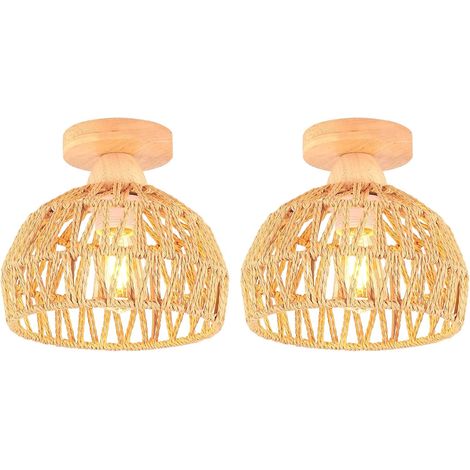 2 Pack Plafonnier, Design Vintage, Structure Bois Et Rotin, Douille E27, Pour Salon Chambre Couloir