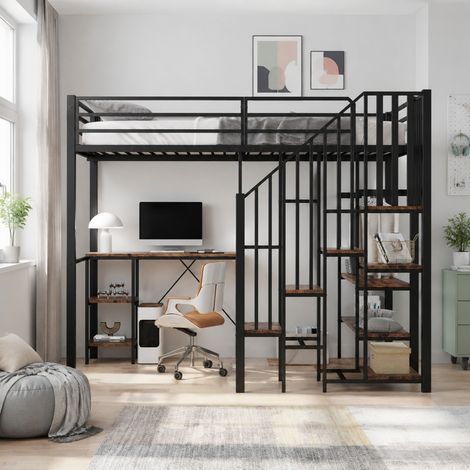 Letto soppalco 120x200 cm metallo e MDF nero con scrivania, salvaspazio, senza materasso – MEUBLIV (1/5)