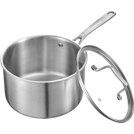 Casserole en Acier Inoxydable 3,8 L, Poêlon avec Couvercle en Verre et Poignée Ergonomique, Antiadhésif, Lavable au Lave-vaisselle, Compatible avec Four et Plaque à Induction, Ustensile Cuisine (1/5)