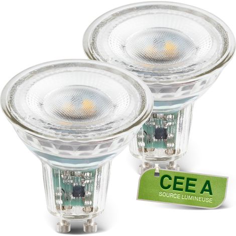 Lot de 2 lampes GU10 en verre, CEE A, 4.7W 850 lm, lumière blanc chaud, ampoule LED éclairage intérieur, réflecteur usage domestique, 50x56 mm (1/5)
