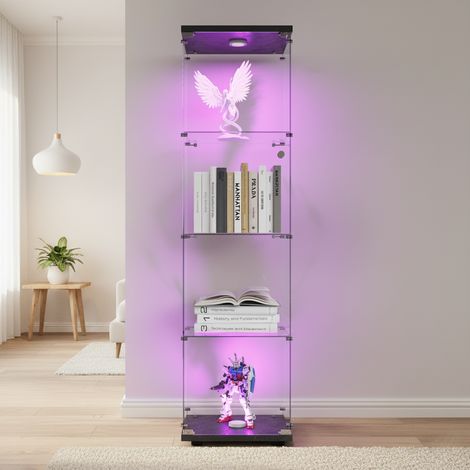 Vitrine en verre, quatre étagères en verre, porte simple avec éclairage et serrure, meuble de rangement - Vitrine à vin - autoportant - Base noire (1/5)