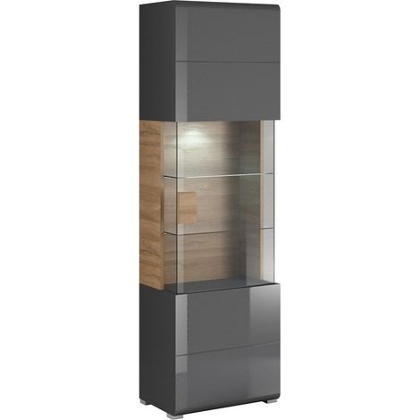 Estantería Torsone 103, Antracita + Gloss antracita + Roble nieto, Cerrable, Con puertas, Vidrio, Aglomerado laminado, Número de puertas: 1, Número de cajones: 0, 204x61x39cm (1/3)