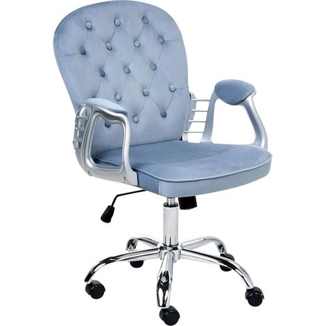 Sedia da ufficio in velluto azzurro con altezza regolabile e schienale trapuntato Princess