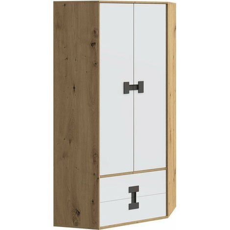Armario de rincón Florevi 114, Mate blanco + Roble Artisan, 191x88x88cm, Puertas de armario: Con bisagras, Número de estantes: 3
