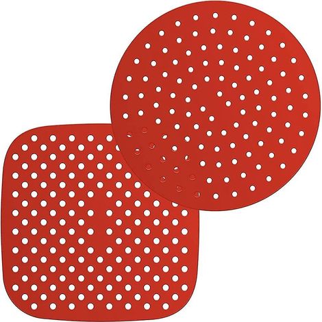 Tapis de cuisson réutilisables en silicone pour panier de friteuse rond de 20 cm et carré de 19 cm, accessoires pour panier de friteuse, rouge (1/5)