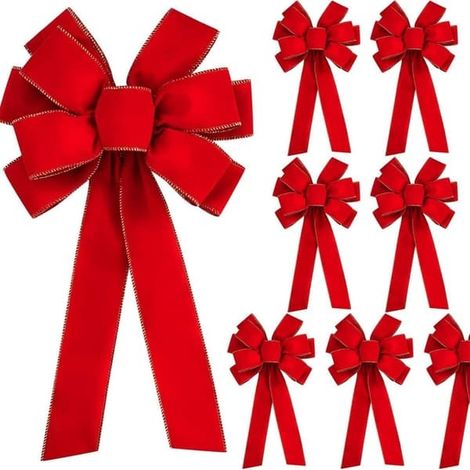 Lot de 7 nœuds de Noël rouges à bordure floquée, en velours, à plusieurs oreilles, décorations à suspendre pour sapin de Noël avec ruban. (1/5)