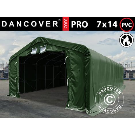 Carpa grande de almacén PRO 7x14x3,8m PVC con panel tragaluz de techo, Verde - Dancover (1/2)