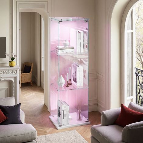 Glasvitrine - LED - 3 Regale - Präsentationsschrank für das Wohnzimmer - Für Sammlungen - 123 x 39 x 35cm - Weiß