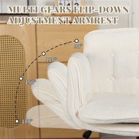 Fauteuil de bureau pivotant blanc, chaise ergonomique réglable en hauteur avec roulettes, accoudoirs rabattables, capacité 150 kg, assise confortable pour travail à domicile. (1/5)