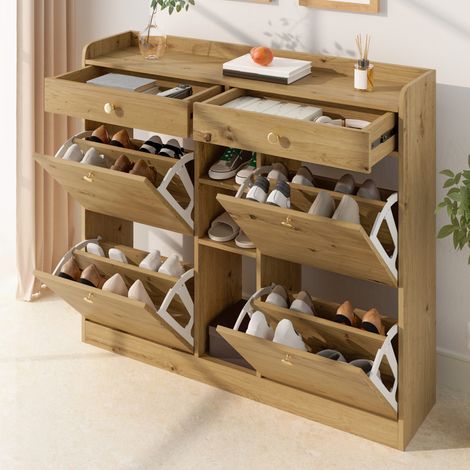 Meuble à chaussures en panneaux de particules coloris naturel, 4 portes abattantes, 2 tiroirs, 3 niches, 110 x 26 x 100 cm (1/5)