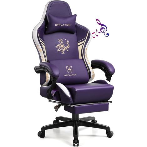 GTPLAYER Chaise Gaming, Ergonomique Chaise Bureau Dragon Series avec Haut-Parleur Bluetooth et Repose-Pieds Rétractable, Fauteuil pivotant en Cuir Joliment brodée, Inclinable, Violet