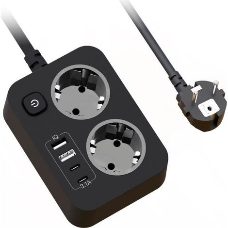 Multiprise 2 Prises Avec Usb, Rallonge Electrique Multiprise Plate Murale Avec Interrupteur, Portable Bloc Prise Multiple Avec Protection Surtension Et Cable 1.8M Pour Bureau Maison Voyage, Noir (1/5)
