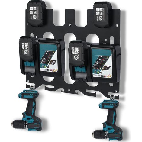 Soporte de pared 3 en 1 para baterías Makita de 18 V y 14,4 V, para cargadores Makita, para 2 DC18RC o 1 DC18RD, soporte para 4 y taladros inalámbricos, negro (1/5)
