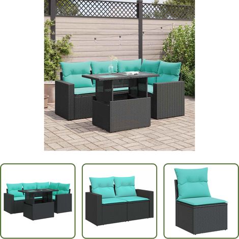 Gartentisch - 5tlg. Garten-Sofagarnitur mit Kissen Schwarz Poly Rattan Akazie (1/5)