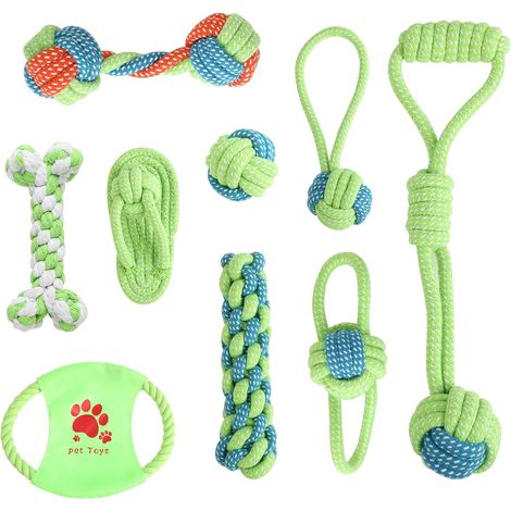 Set de 9 Jouets pour Chiens - Jouets pour Chiots en Coton - Soins Dentaires, Réduit Le Stress, Protège Les Meubles - pour Chiens Petits, Jeu et Entraînement (Vert) (1/5)