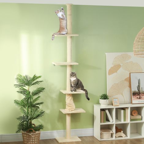 Arbre à chat, hauteur réglable 225-275 cm, base stable, dispositif anti-basculement, revêtement en peluche, blanc crème (1/5)