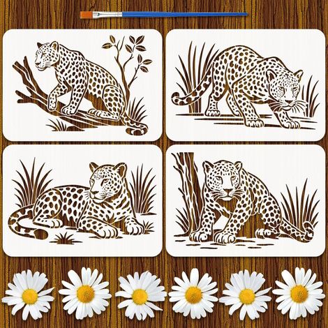 4Pcs Pochoir de Peinture Léopard Avec Pinceau en Plastique 21x29.7cm Nature Animal Modèle Épaissi Branches Arbres Herbe Pochoir Thème Animal Modèle pour Peinture sur Meubles en Bois (1/5)