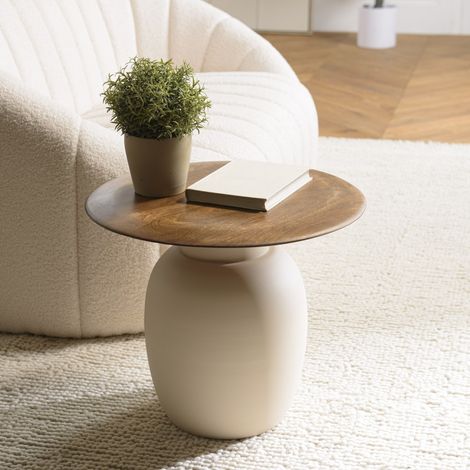 JAMES - Table d'appoint 48x48cm plateau en manguier pied métal ivoire JAMES