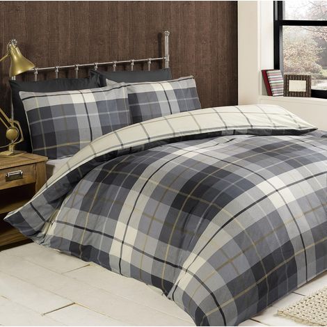 Rapport Parure de lit avc Housse de Couette à Carreaux de pour lit Double - 100% Coton brossé - Bleu (1/5)