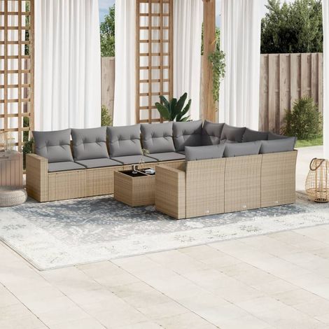 Salon de jardin 11 pcs avec coussins beige résine tressée (1/5)