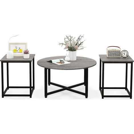 COSTWAY Table Basse Salon 3 Pcs, Table Basse Ronde avec 2 Tables d'Appoint Carrées, Cadre en Métal, Design Moderne Industriel, Table Salon Lot de 3 pour Salon, Chambre (Gris) (1/5)