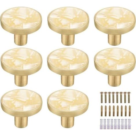 BelleRise - Ensemble de 8 boutons de meuble ronds en laiton, poignées de tiroir, style D Odipie, finition or blanc décoratif (1/4)