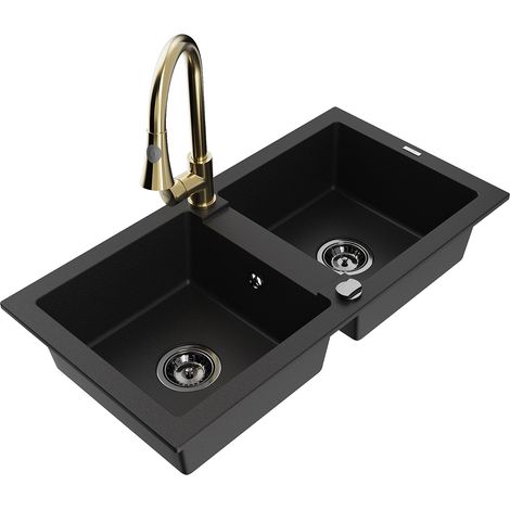 Mexen Mario 2-fach Granitspüle mit Küchenarmatur Elia, schwarz - 6504-77-670101-50-B (1/5)