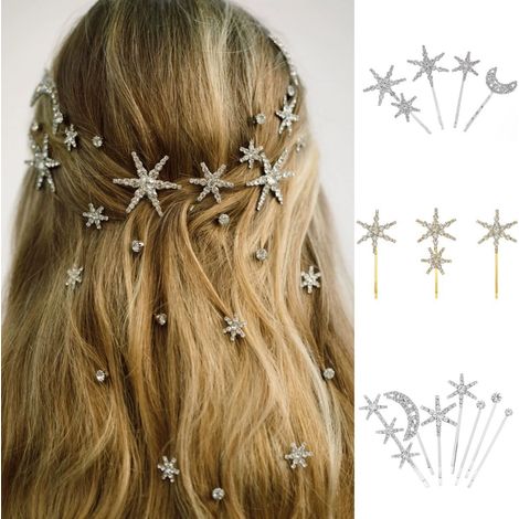 Conjunto de 14 piezas: pinzas para el cabello con forma de estrella y luna, pinzas metálicas con pedrería, horquillas, pinzas para el flequillo, joyería y pinzas para el cabello. (1/4)