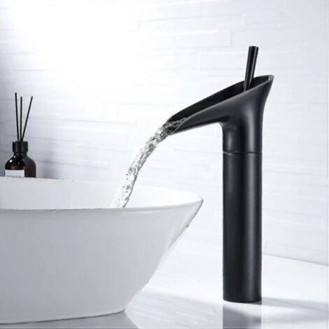 Robinet de salle de bain noir, robinet de salle de bain cascade, mitigeur de lavabo à levier unique noir rétro, robinet de salle de bain, lavabo haut à poser en laiton, lavabo à main (1/4)