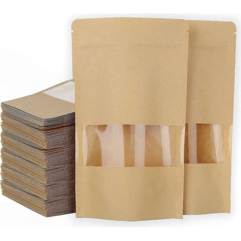 100 Kraftpapiertüten mit Sichtfenster, 12 x 20 cm, wiederverschließbar, robust und wasserdicht, für Nüsse, Kekse und zur Aufbewahrung kleiner Gegenstände (1/5)