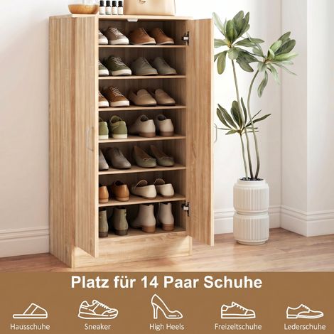 Armoire à chaussures 2 portes, 6 étagères réglables, charnières à fermeture amortie, 14 paires, bois naturel (1/5)