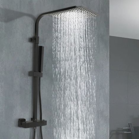 Système de douche avec thermostat noir, pomme de douche carrée à effet pluie avec robinetterie, ensemble de douche avec robinetterie et thermostat - Pomme de douche 25 x 25 cm (1/5)
