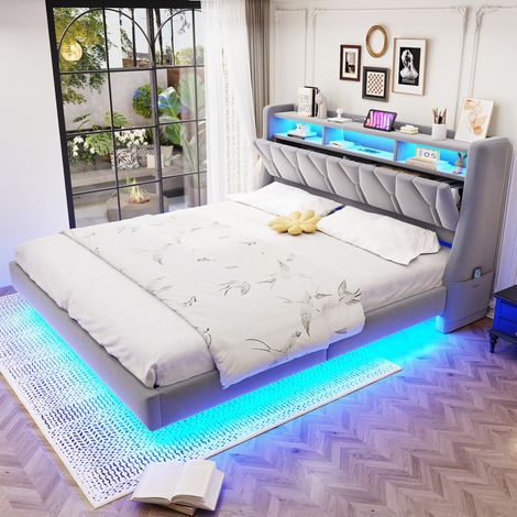 lit adulte rangement 180x200 velours gris clair LED HAVRYA (1/5)