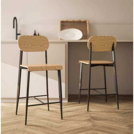 MEUBLIV Lot de 2 tabourets de bar noir et bois, hauteur d'assise 66 cm avec dossier (1/5)