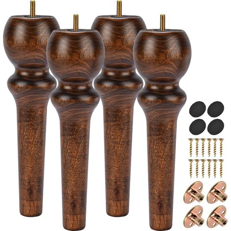 Pieds de meubles en bois de 26 cm, 4 pièces avec vis tournante et boulon M8 pré-perforé et plaque de montage pour canapé, fauteuil, commode (1/5)