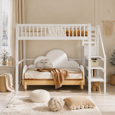 DESMIU Lit Mezzanine Lit Double avec Escalier, Armoire et Étagères, 140 × 200 cm, sans matelas, Blanc (1/5)