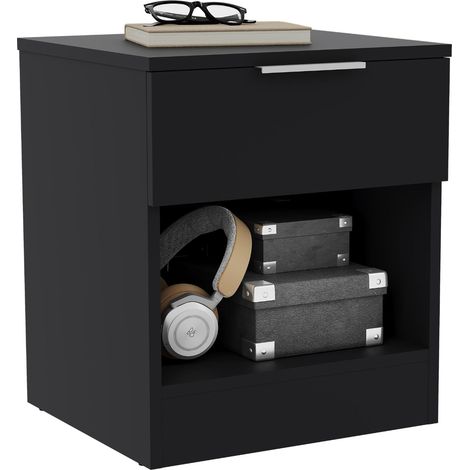 Trega 1 Drawer Bedside Table Nightstand Bedroom Storage, H 41 x W 39 x D 28 cm, Black