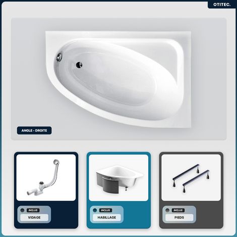 Baignoire asymétrique - 140 x 80 cm - Droite - avec Habillage - Pieds - Vidage Chrome - CORNEA (1/5)