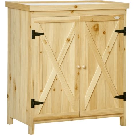 Armoire de jardin rangement mixte bois massif et métal galvanisé, plateau métallique 80×45×92 cm couleur bois naturel (1/5)