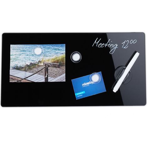 Relaxdays Magnettafel, beschreibbar, inkl. 3 Magnete & Stift, abwischbar, rahmenlos, Magnetboard Glas, 20x40 cm, schwarz