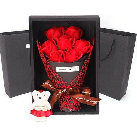 7 Roses en Savon avec Ours en Peluche, Cadeau Saint-Valentin, Anniversaire, Fête (1/5)