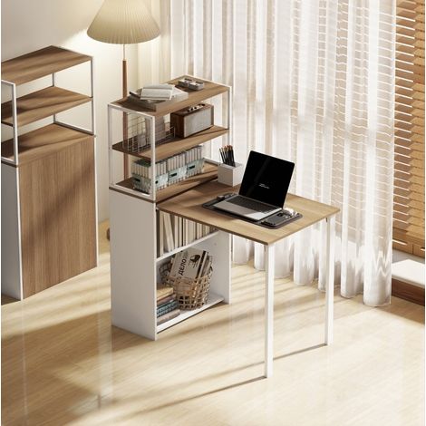 Scrivania pieghevole 105 x 60 x 127 cm con 4 ripiani, effetto legno naturale OKMYHOME (1/5)