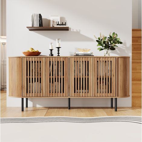 Aparador 160x40x70 cm con 4 puertas correderas perforadas, estantes regulables, MDF y metal - natural (1/5)