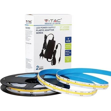 V-TAC Kit striscia LED 24V COB 5M monocolore bianco naturale 4000K IP20 + alimentatore - SKU 2674