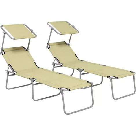 2 Pack Portable Folding Sun Lounger Chairs with Adjustable Reclining Backrest & Sunshade Canopy, Robust Oxford Fabric Outdoor Recliners Ideal for Camping, Pool, Deck, Balcony & Garden Terrace (1/5)