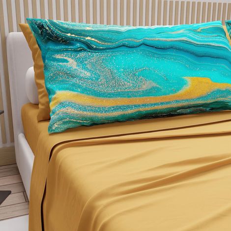 Parure de lit Double en Coton avec taies d'oreiller en Impression numérique, pour lit Double, Housse de Couette et Drap-Housse avec Angles, Jaune Ocre, 100% fabriqué en (1/4)