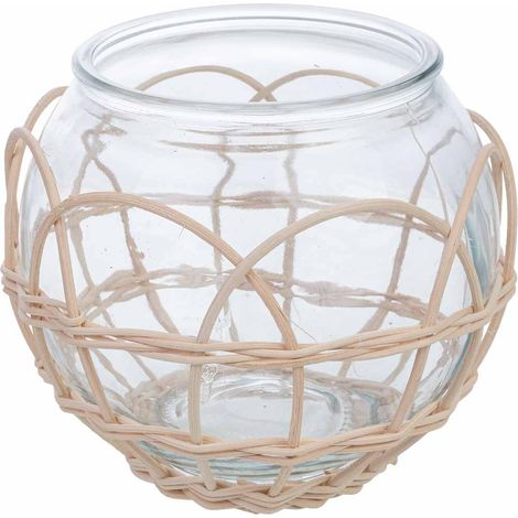 Portavelas de vidrio forrado de ratán beige D18x15.5h cm (1/5)