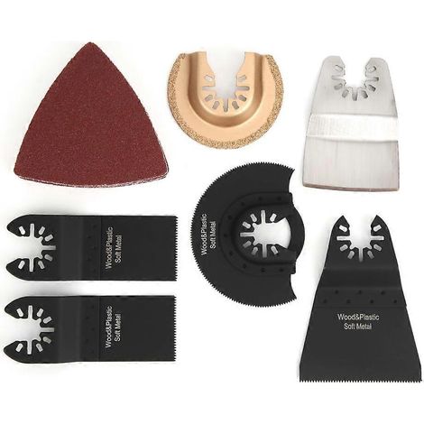 Ensemble de 16 pièces comprenant des lames de scie oscillantes assorties, du papier de verre, des accessoires pour rogneuse et des outils de travail du bois.