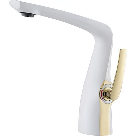 Mitigeur Lavabo en Laiton Massif  Robinet de Salle de Bain Design Monocommande  Cartouche Céramique  Mousseur Économie d'Eau  Modèle BS-301-WG (Blanc-Doré
